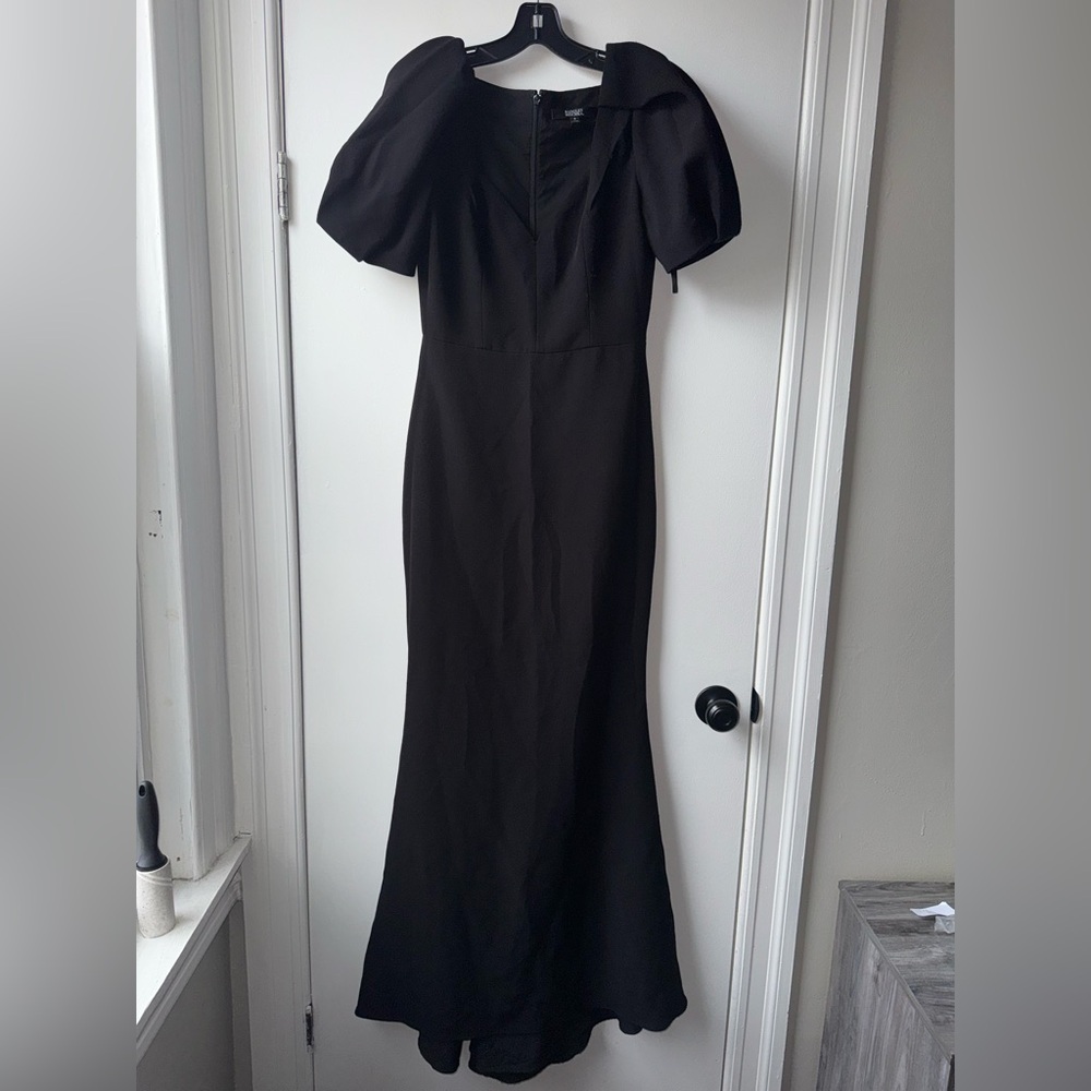 Badgley Mischka Gathered Crepe Black V-Neck Maxi Gown Statement Puff Sleeves - Picture 16 of 16